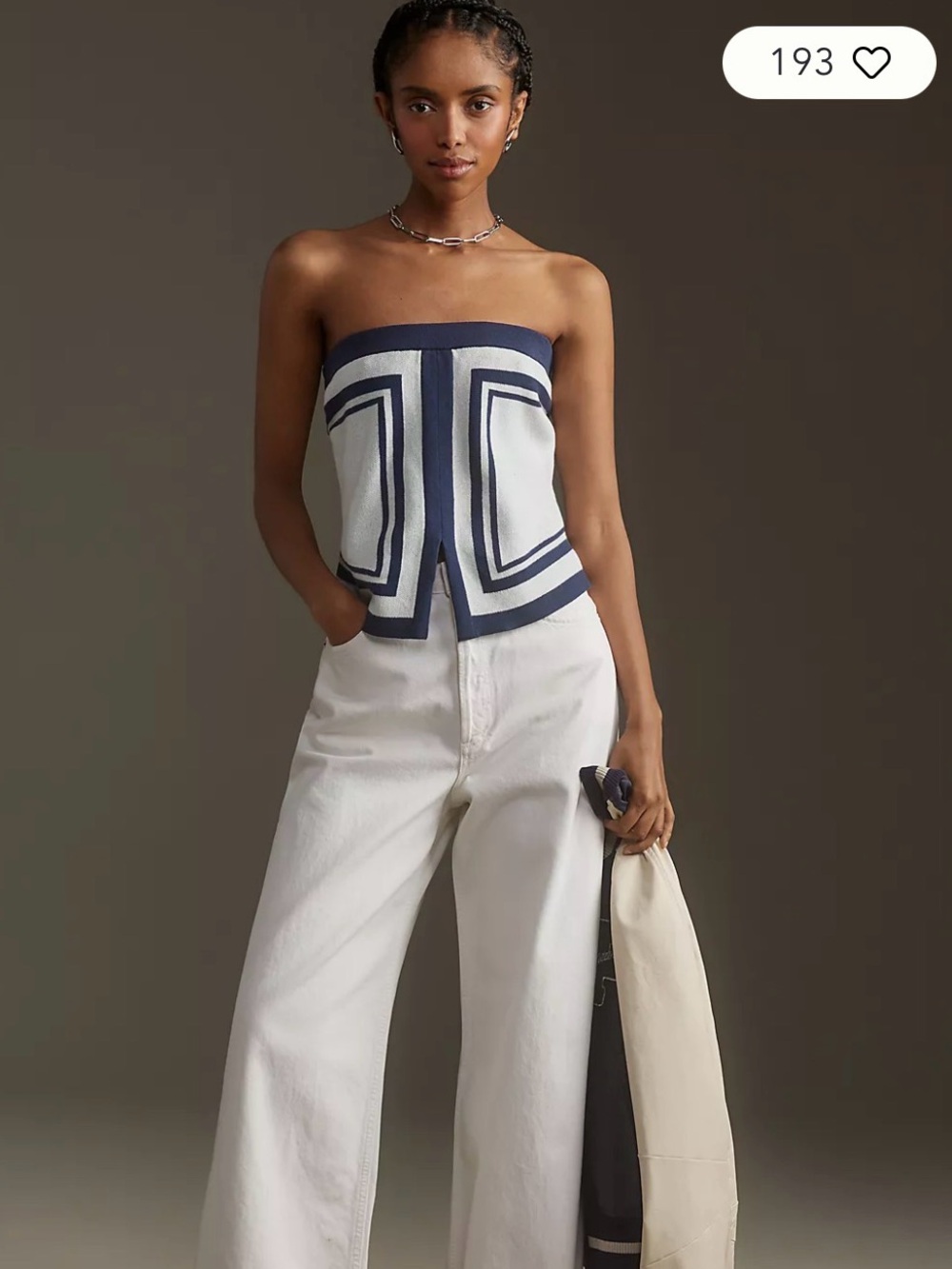 Maeve Strapless Navy Blue & White Geometric Deco Knit Tube Top Size Medium